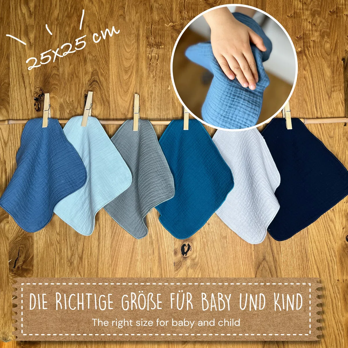 mimaDu - Set di 6 panni in mussola per bambino, in cotone biologico GOTS, 25 x 25 cm, extra morbidi, assorbenti, piccoli asciugamani per la cura del bambino (blu, ocean)