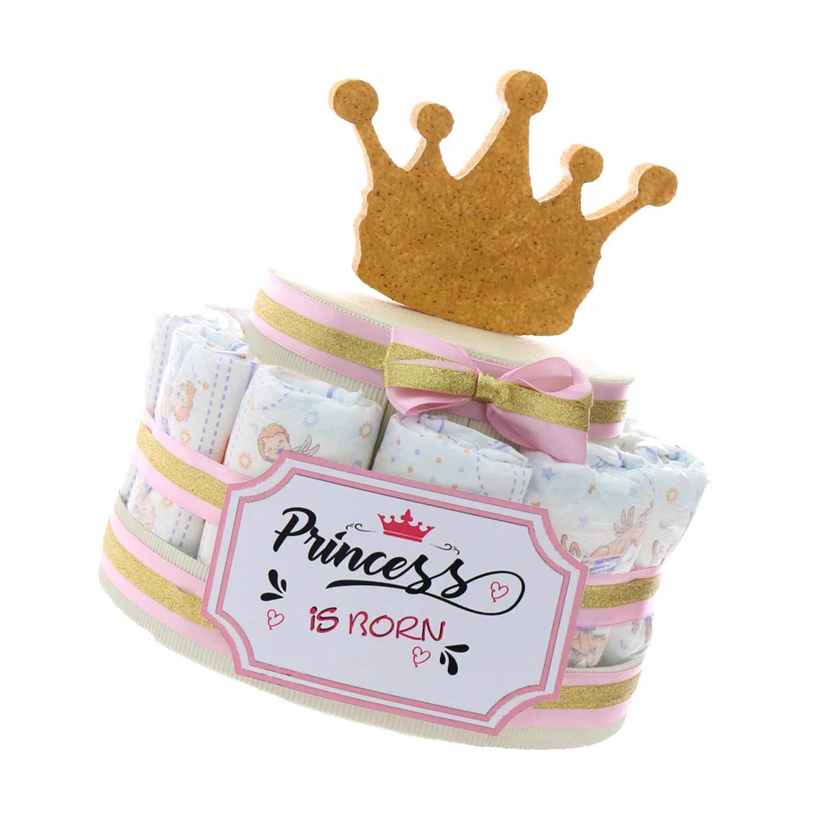 Torta Pannolini Prima Infanzia Corona da Principessa Bimba, Idea Regalo Originale Nascita Neonata (Torta da 15 Pannolini)