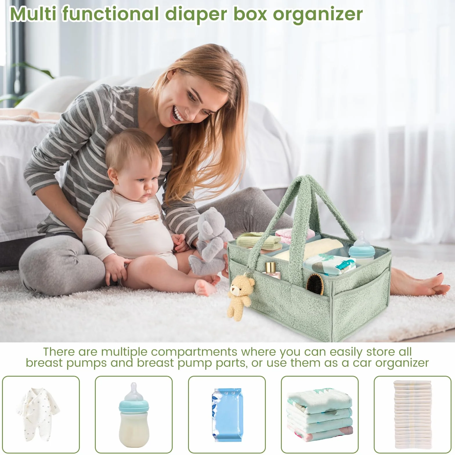 Caddy per pannolini, organizer caddy per pannolini, elegante cestino portaoggetti per gli essenziali del neonato e il cambio pannolini, regalo per la lista del baby shower, 38 x 25,4 x 17,8 cm, caddy