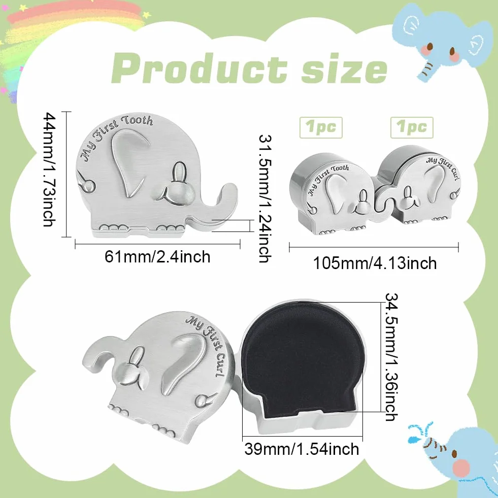 FINGERINSPIRE 2 scatole dei ricordi per primo ricciolo e il mio primo dente in argento anticato, con denti di elefante, set per bambini, battesimo, doccia