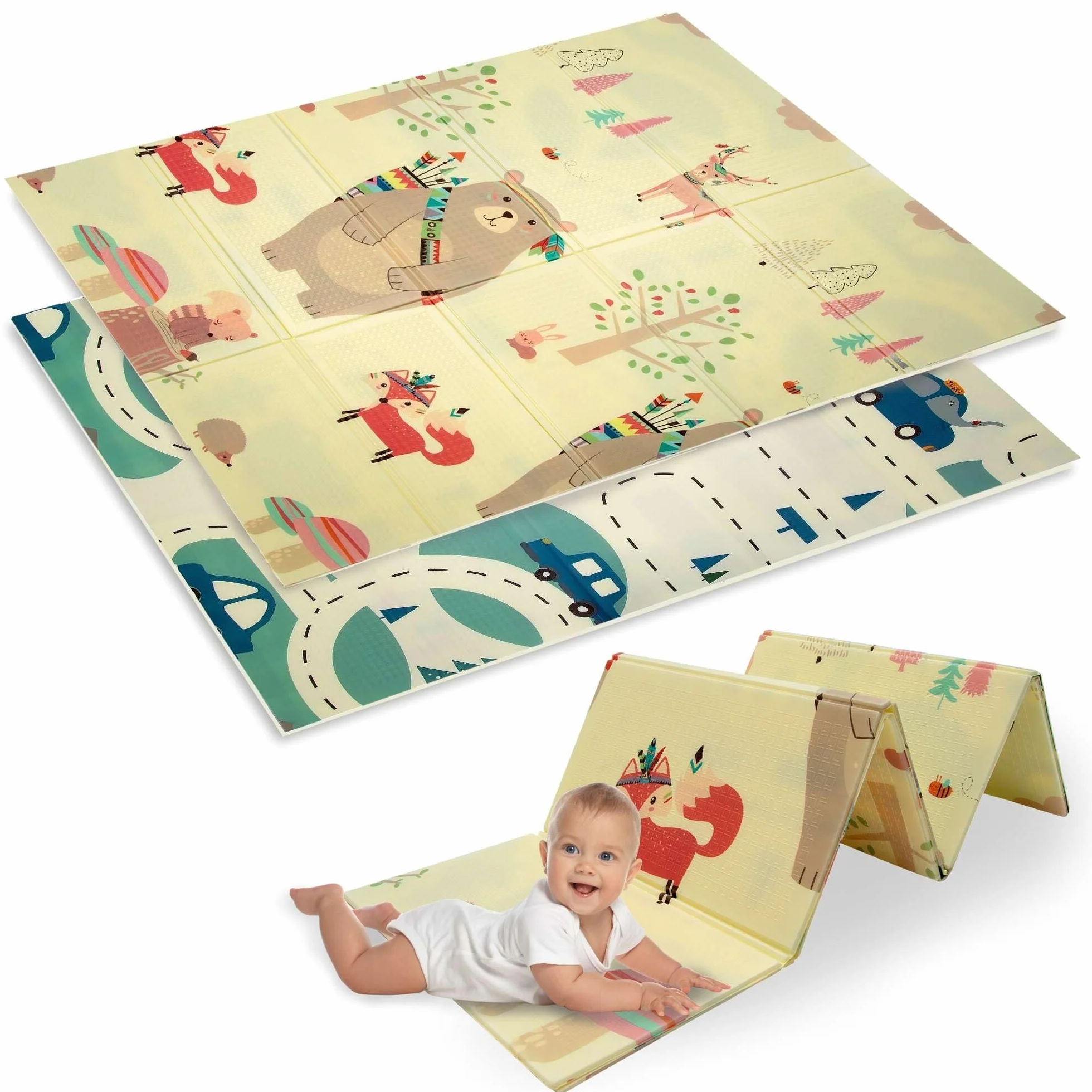 Humbi Tappeto bambini, tappetino per gattonare, schiuma XPE, bifacciale, barra piatta, impermeabile, extra large, tappeto per bambini, antiscivolo, 120x180 orsetti, volpi e macchinine