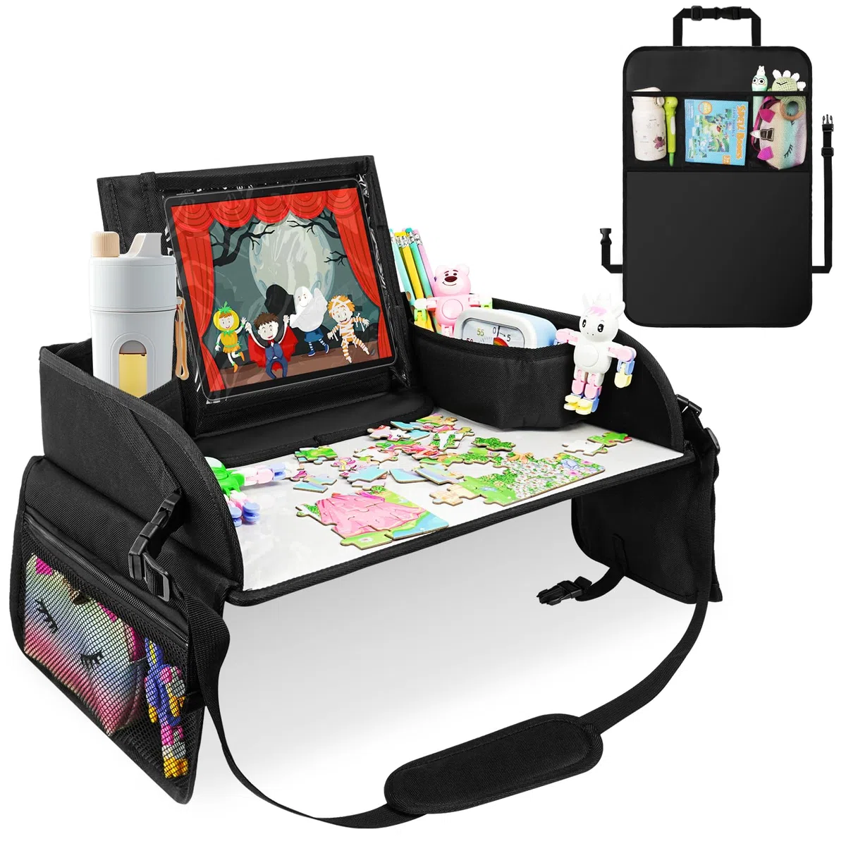 Set combinato 1 Vassoio da Viaggio e 1 Protezione Sedili Auto,Tavolino Auto Bambini, Vassoio Portatile per Tablet, Studiare/Disegnare in Macchina per Ragazze e Maschi (Pacchetto Combinato Nero)