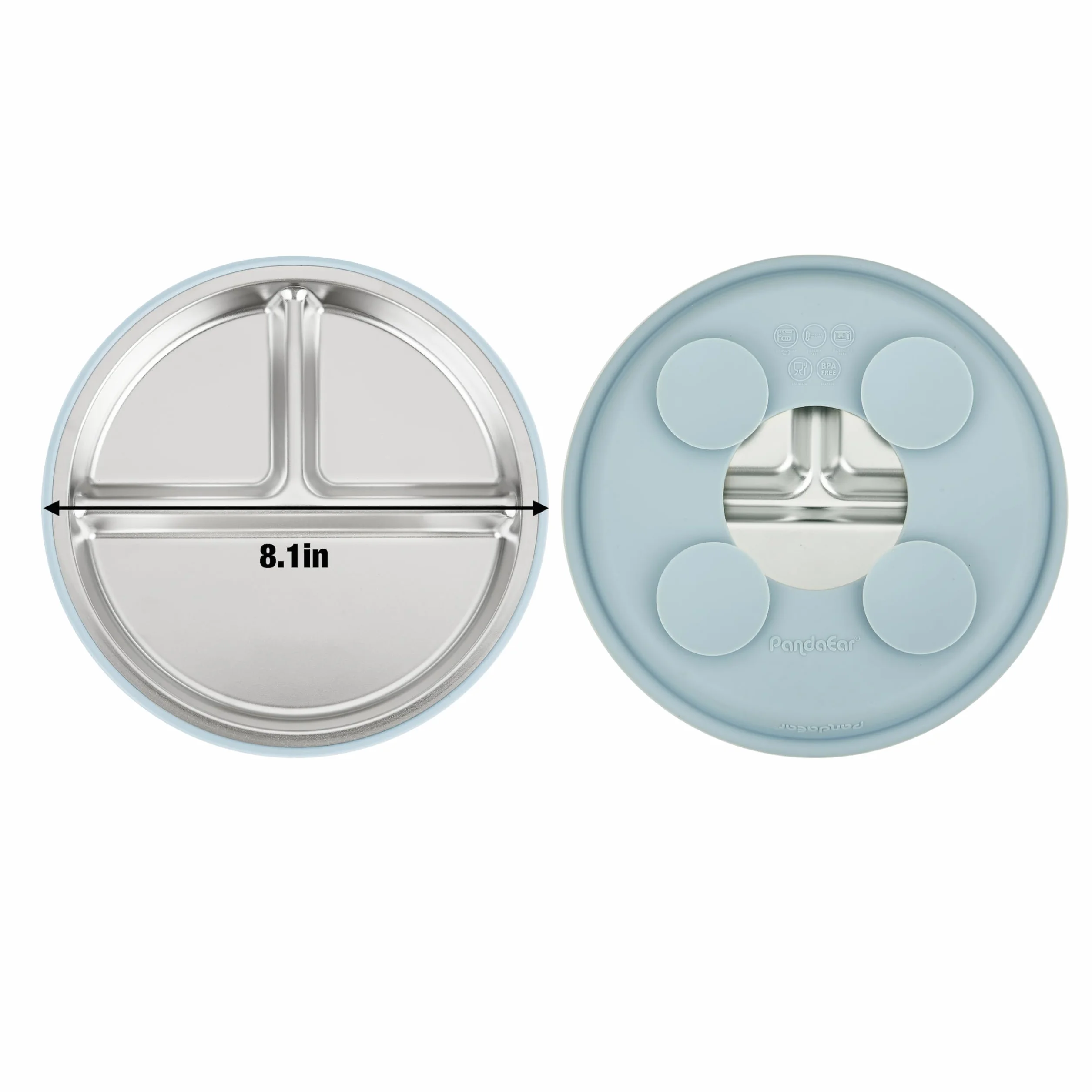 PandaEar Set da 3 Piatti in Acciaio Inossidabile per Bambini con Suzione, Piatti Divisi per Bambini per lo Svezzamento Autonomo, Set di Alimentazione Antiscivolo (Blu/Verde/Marrone)
