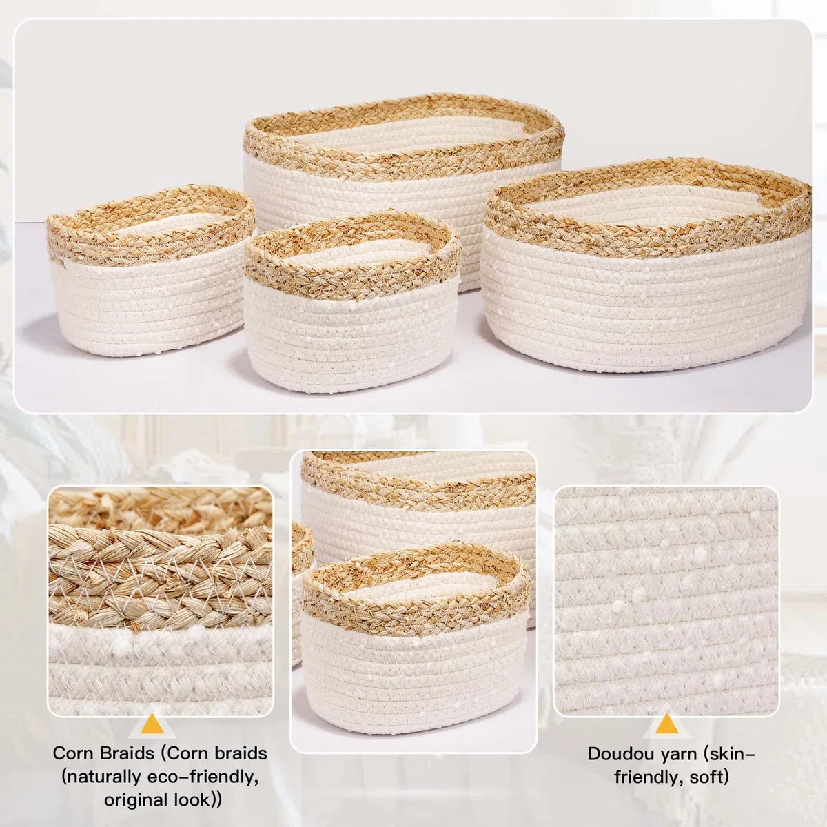 Cesto portaoggetti per bambini, corda di cotone intrecciato, set da 4 pezzi, accessori per il bagno, organizer per il bagno, per la decorazione della cameretta dei bambini, giocattoli