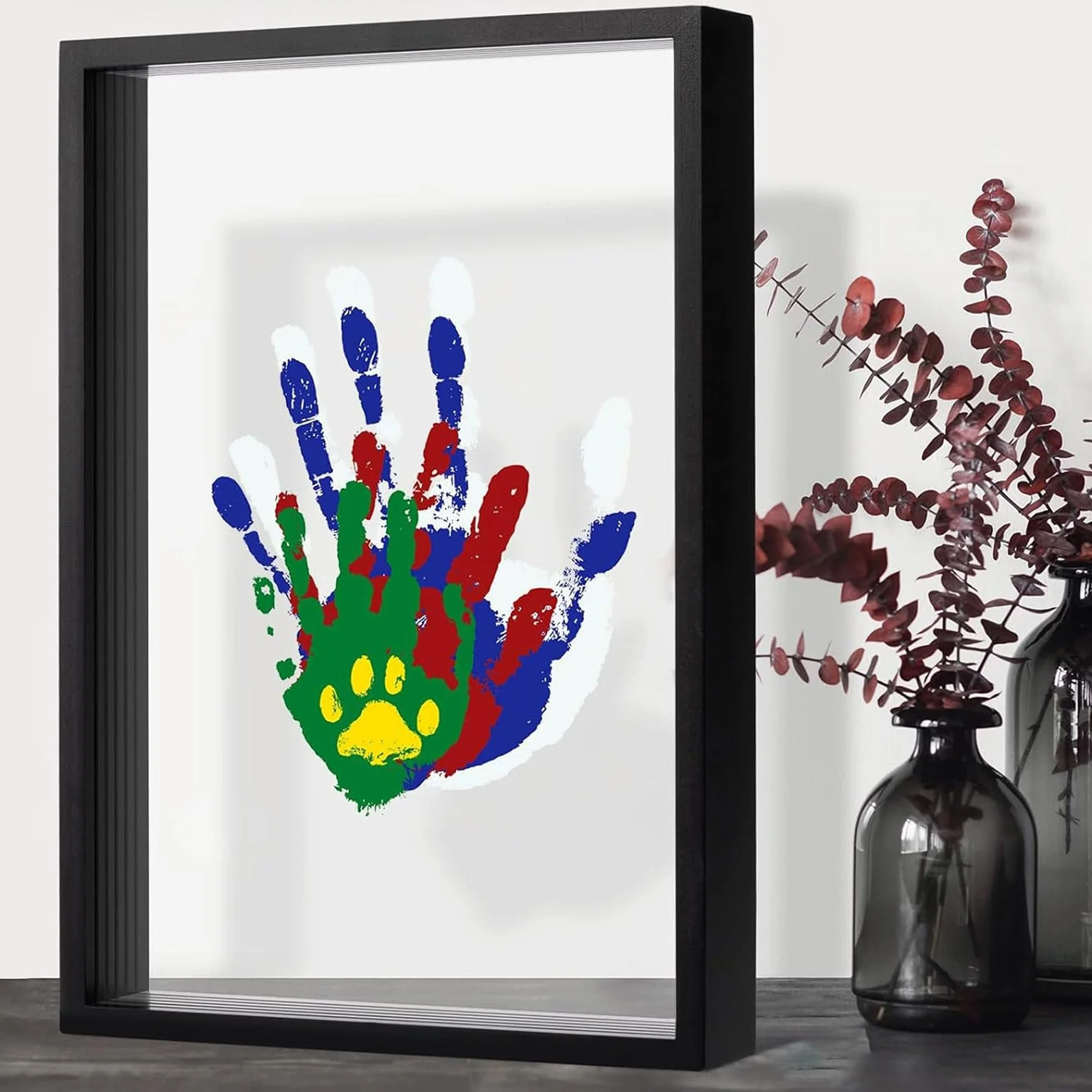 QSLKI Kit di Impronte di Mani per Famiglia, Nero, Cornice Impronta Mani e Piedi Neonati con Spazio, Kit di Impronte Delle Mani dei Membri Della Famiglia, 4 Deflettori, 6 Vernici, Stampa di Zampe