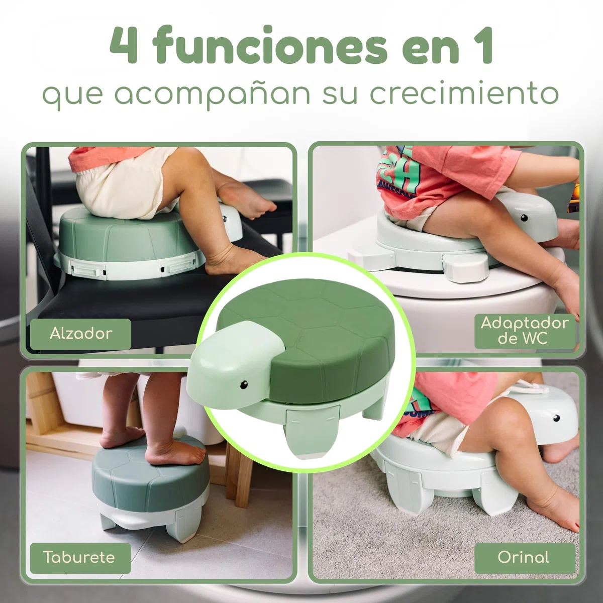 Vasino Bambini Portatile 4 in 1 Pieghevole – Riduttore WC per Bambini, WC Portatile da Viaggio, Sgabello e Rialzo, Design Tartaruga, con 20 Sacchetti e Zaino
