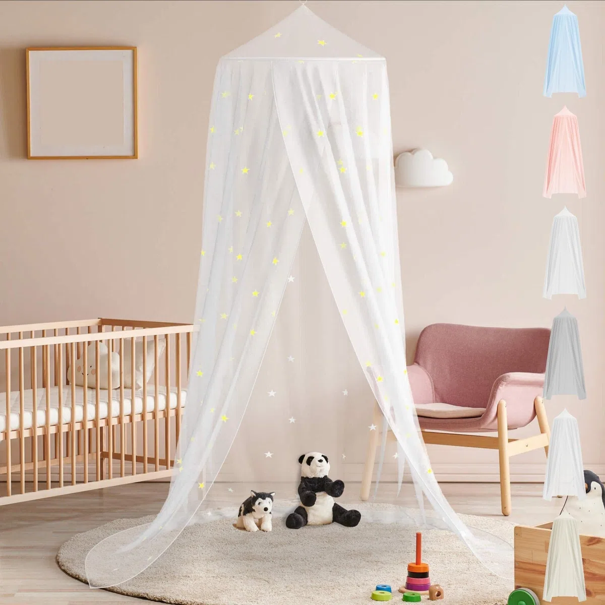 BEARTOP Zanzariera lettino neonato stelle fluorescenti | tulle o cotone | senza forare | con anello stabile | lunghezza dell'orlo ca. 270cm | per culla neonato| Soddisfazione garantita (3 Anni)*