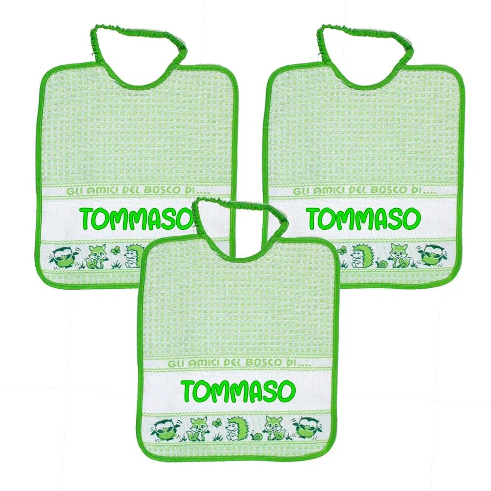 Bubabù 3 bavaglinIi personalizzati con nome BOSCO spugna con elastico cm.28x33 - Cotone 100% Made in Italy