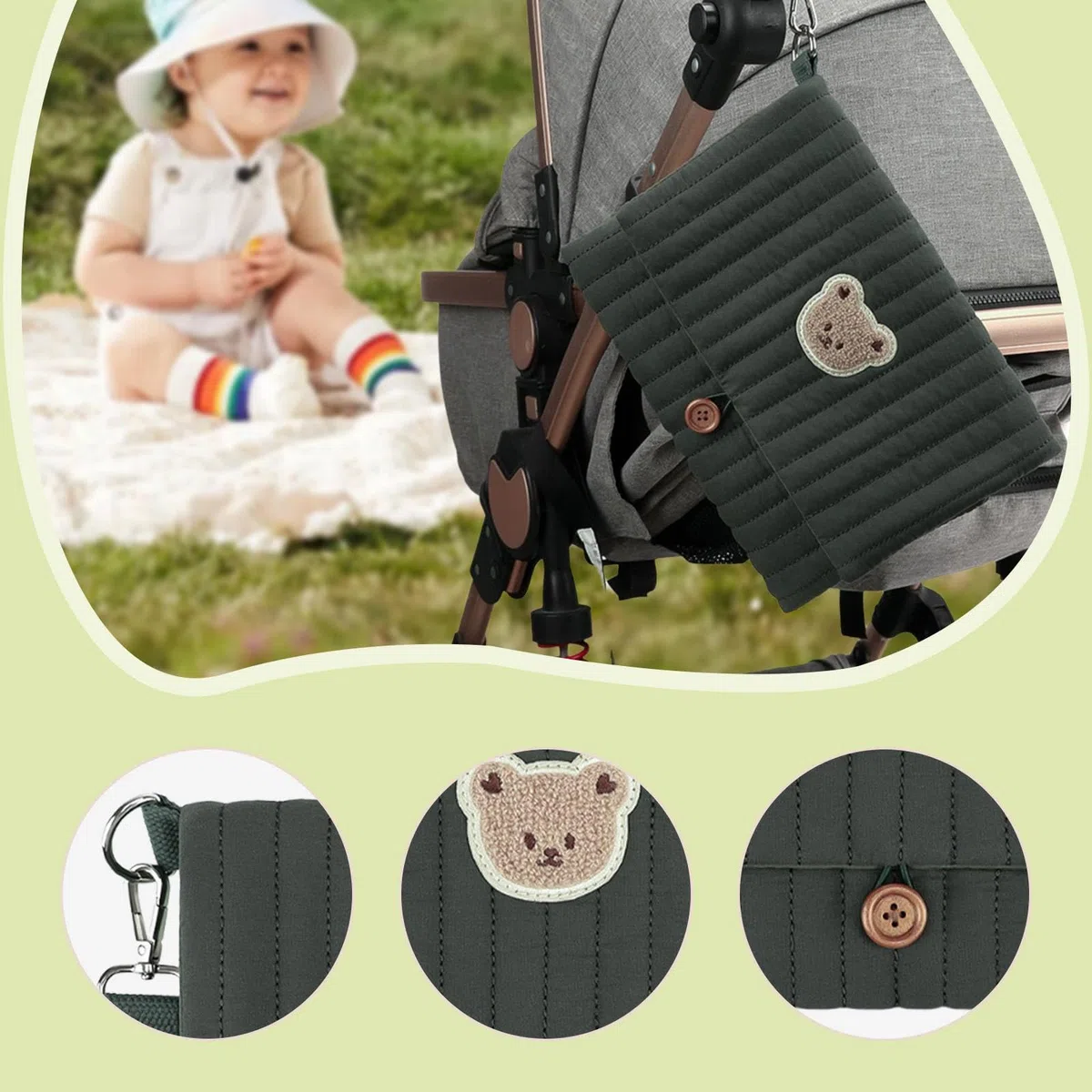 Borsa Organizer Pieghevole per Pannolini in Tessuto, Borsa da Viaggio Multifunzionale per Pannolini per Campeggio, Verde