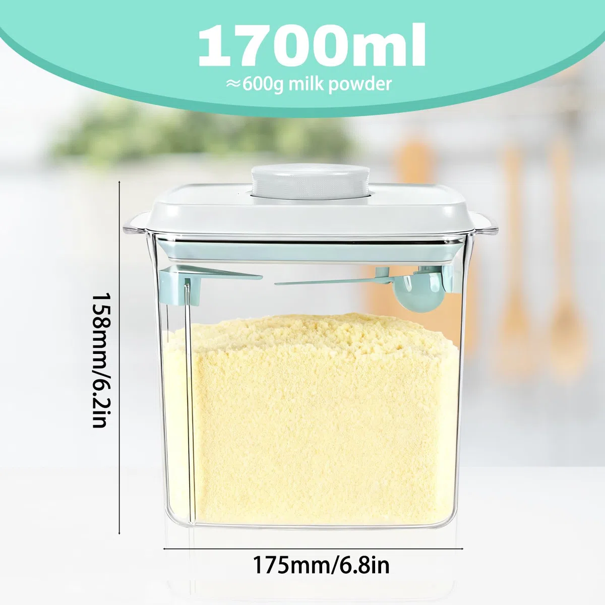 Dosatore per latte in polvere da 1700 ml con cucchiaio, contenitore sigillato a prova di perdite, contenitore per proteine ​​in polvere, contenitore sigillato, rimovibile e lavabile