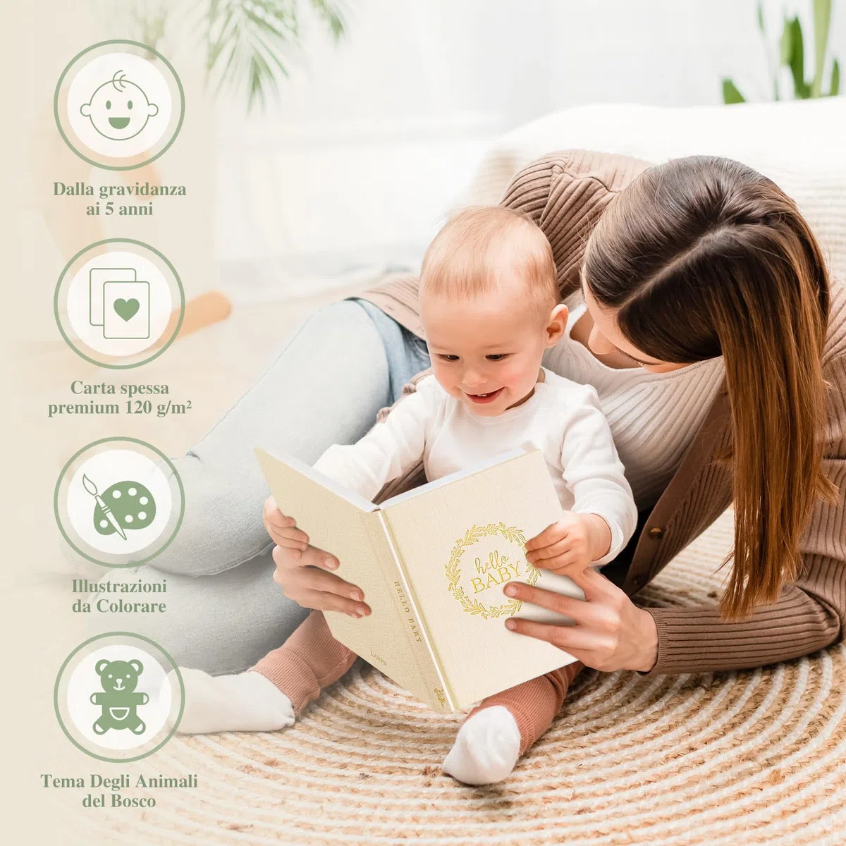 Lanpn Album Nascita Bambino e Bambina, Libro dei Ricordi Neonato per Primo Anno a 5 Anni, Albums Fotografico Neonato per Incollare Foto e Scritte, Diario Regalo Bimbo (Inglese, 154 Pagine, Verde)