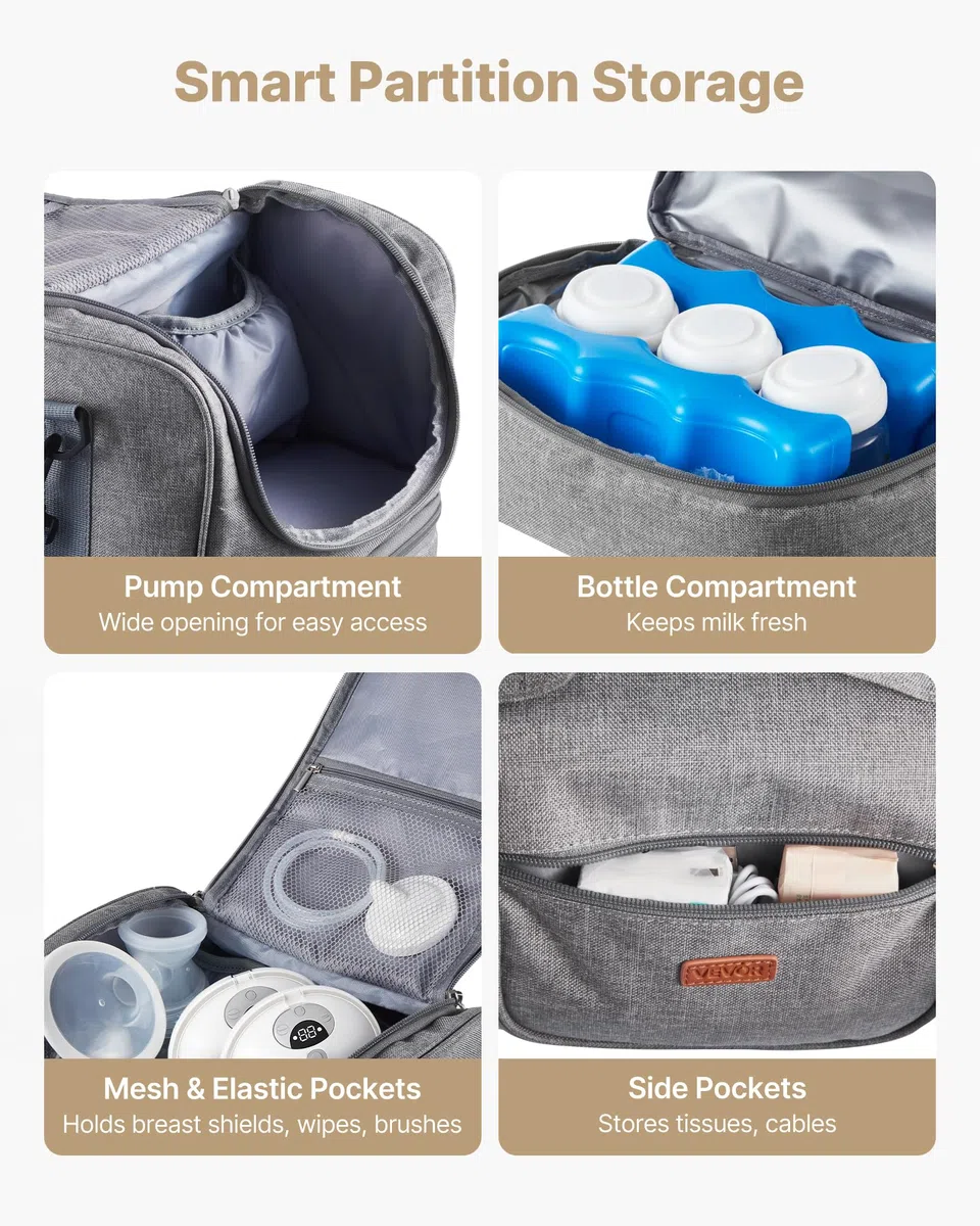 VEVOR Borsa per Tiralatte, Borsa per Biberon con Impacchi del Ghiaccio, Accessori per l'Estrazione e Conservazione del Latte Materno, per Biberon di Latte per Lavoro, Viaggio, Grigio
