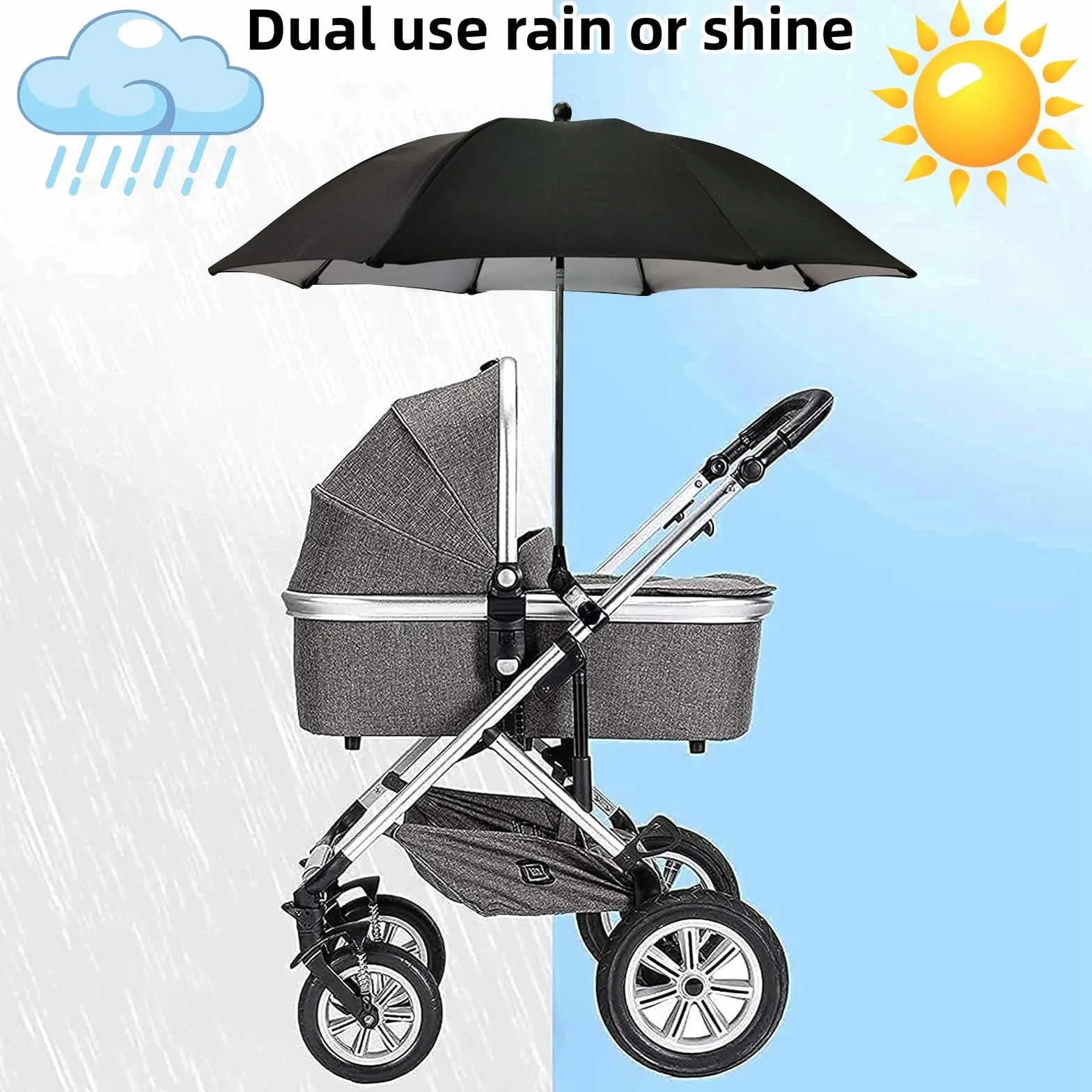 Ombrellino Parasole Passeggino, Ombrellino Passeggino Universale Anti UV 50+, Ombrello Parasole Passeggino con Un Manico, Ombrellone per Passeggino per Carrozzina e Passeggino,Nero