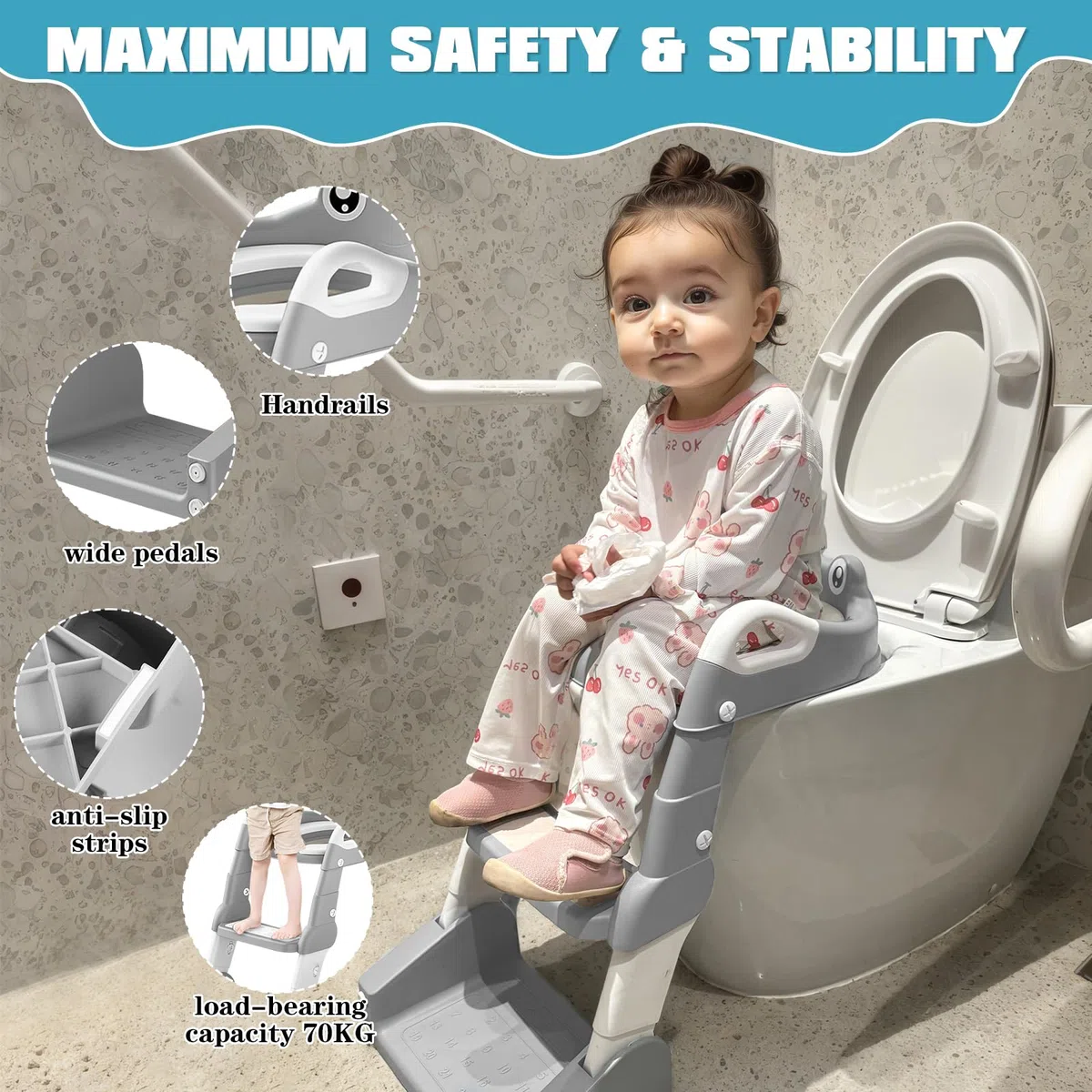 Riduttore wc bambini, 2 In 1 Vasino Bambini con Scaletta, Maniglia e Cuscino Morbido, Sedile Rialzato Vasino Pieghevole, WC Portatile con Protezione Antispruzzo per Bambini Maschi e Femmine