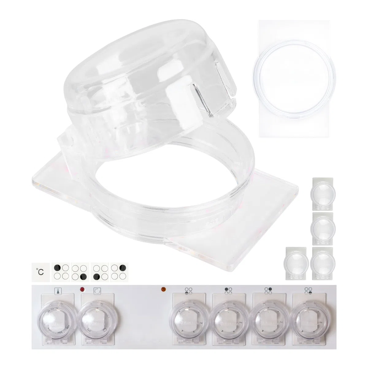 Manopola blocco bambini, 6 pz, trasparente, per manopole con Ø max. 41 x 33 mm, distanza minima tra le manopole 51 mm, manopole blocco bambini pannello di controllo, copertura manopola bambini cucina
