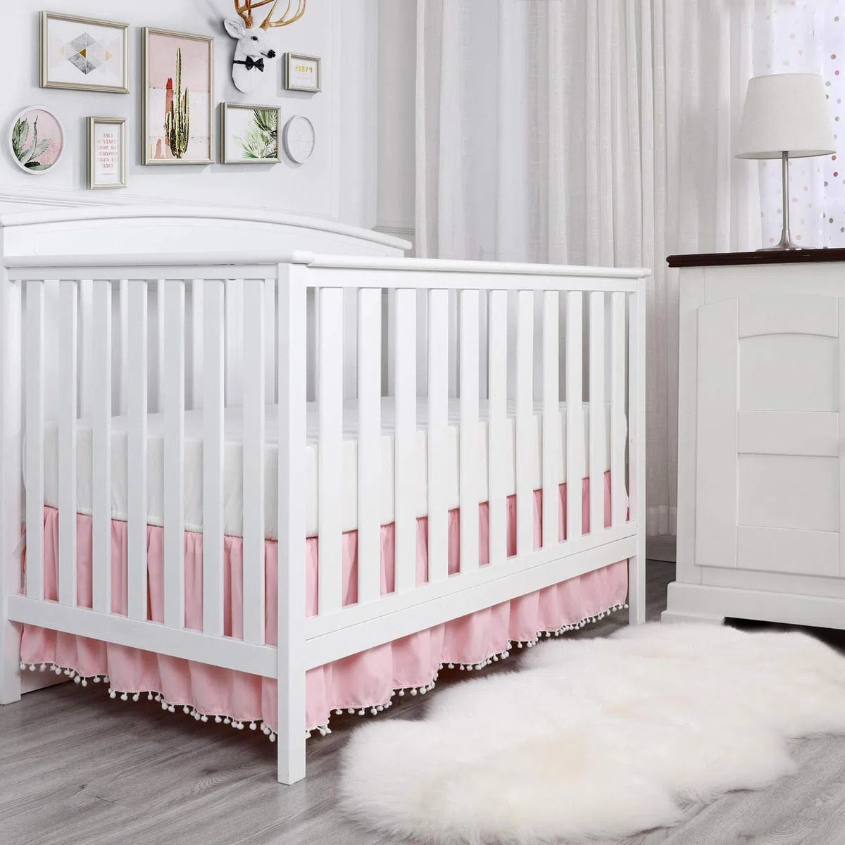 Gonne per Lettino - Gonne per Lettino per Bambini | Gonna arricciata per presepe con Pompon, gonne per Lettino per Bambini in Microfibra per Bambine 28 "X 52"