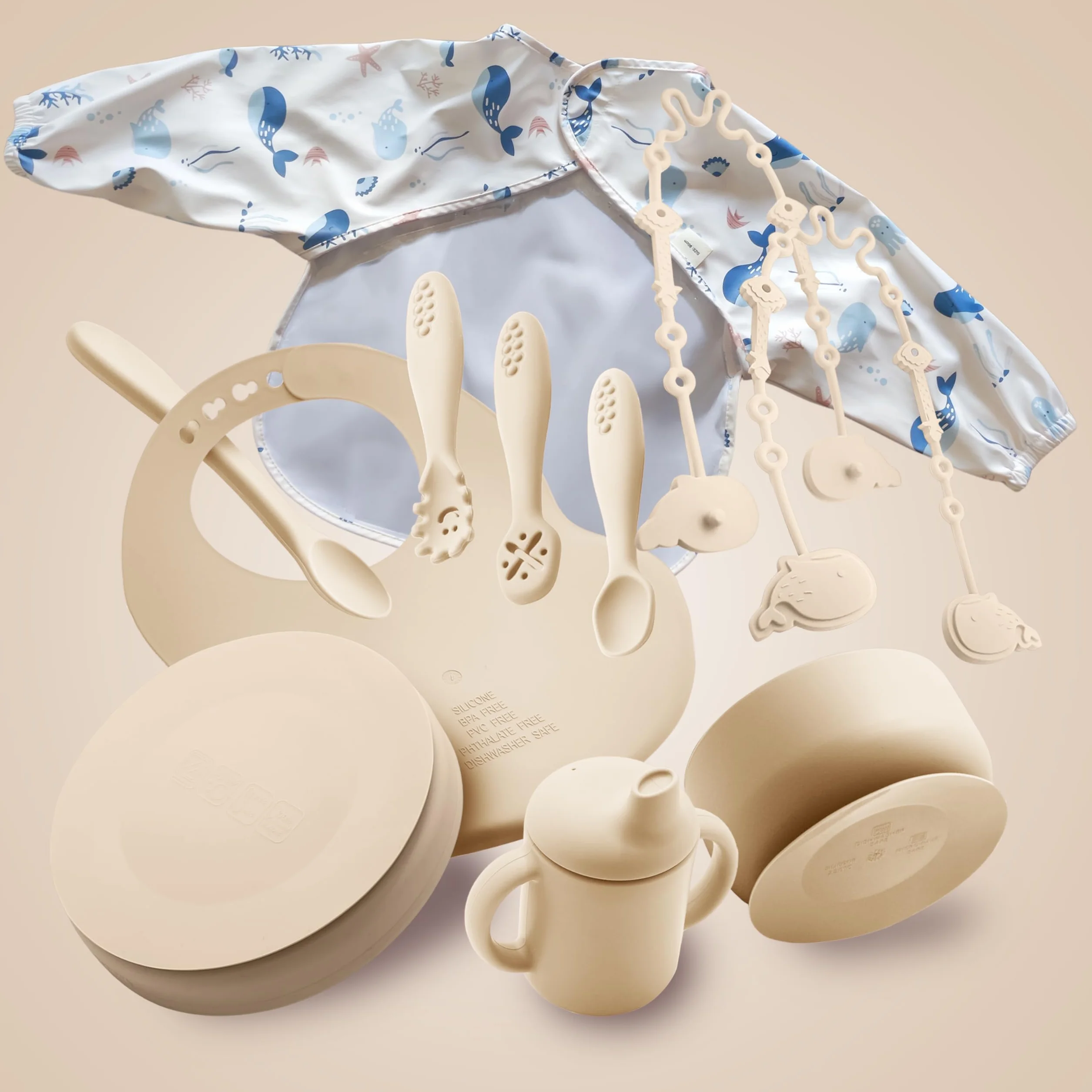 Navik | set pappa svezzamento da 12 pezzi | piatto svezzamento con ventosa per bambini | bicchiere bambino | cucchiaio e ciotola in silicone | beige