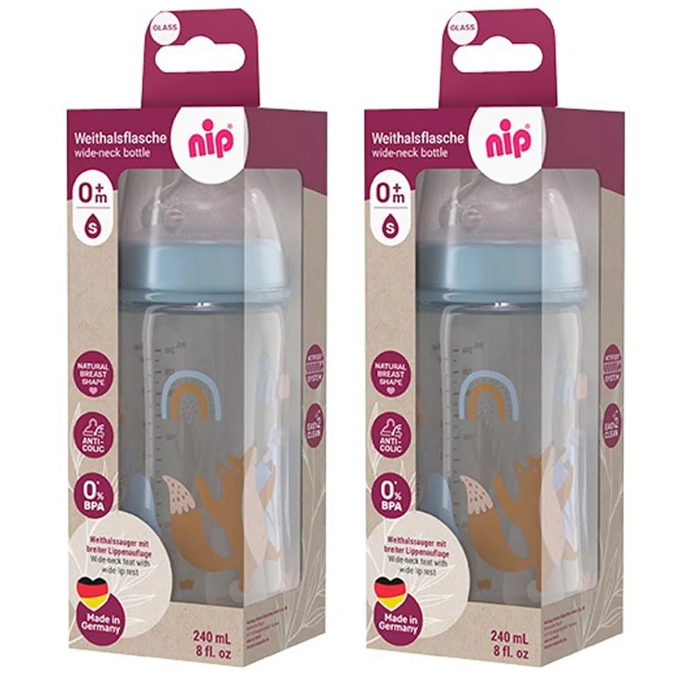 NIP Flacone in vetro a collo largo, 2 pezzi, 240 ml, anatomico, in silicone, misura 0+, latte