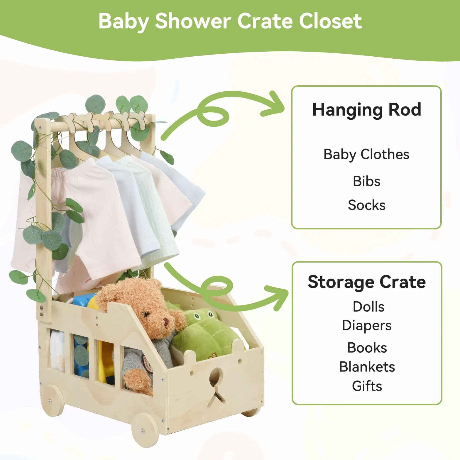 OTraki Baby Shower Boxes In Legno, Cesto Giochi Bambini con Manico Cestino in Legno per Baby Shower con Foglie Decorative, 5 Grucce Regalo Personalizzato Per Neonato Per Shower