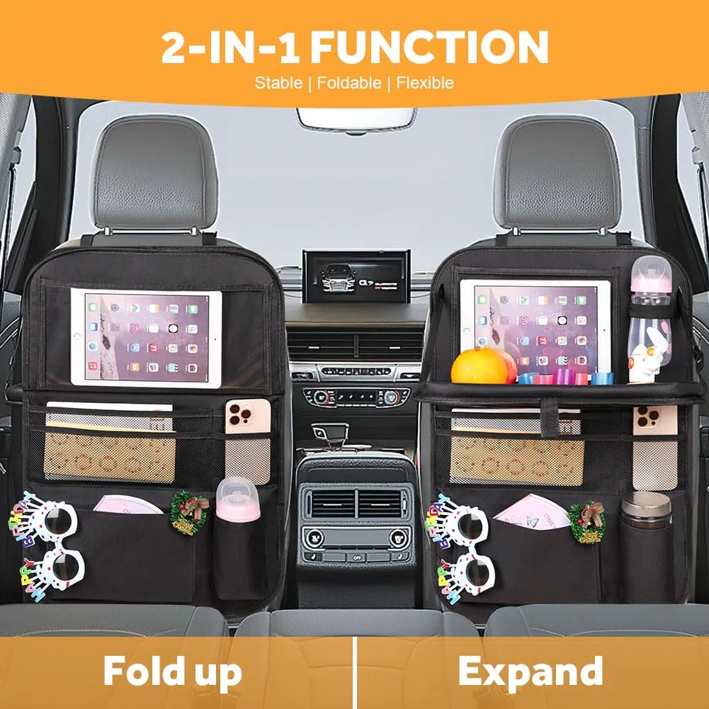 URAQT Organizer Protezione Sedile Posteriore Auto, 2 PCS Protezione Sedile Auto Organizzatore con Tavolino Pieghevole per tablet bambin,Sediles Posteriores Organizzatori con 8 Tasche,Impermeabile,nero