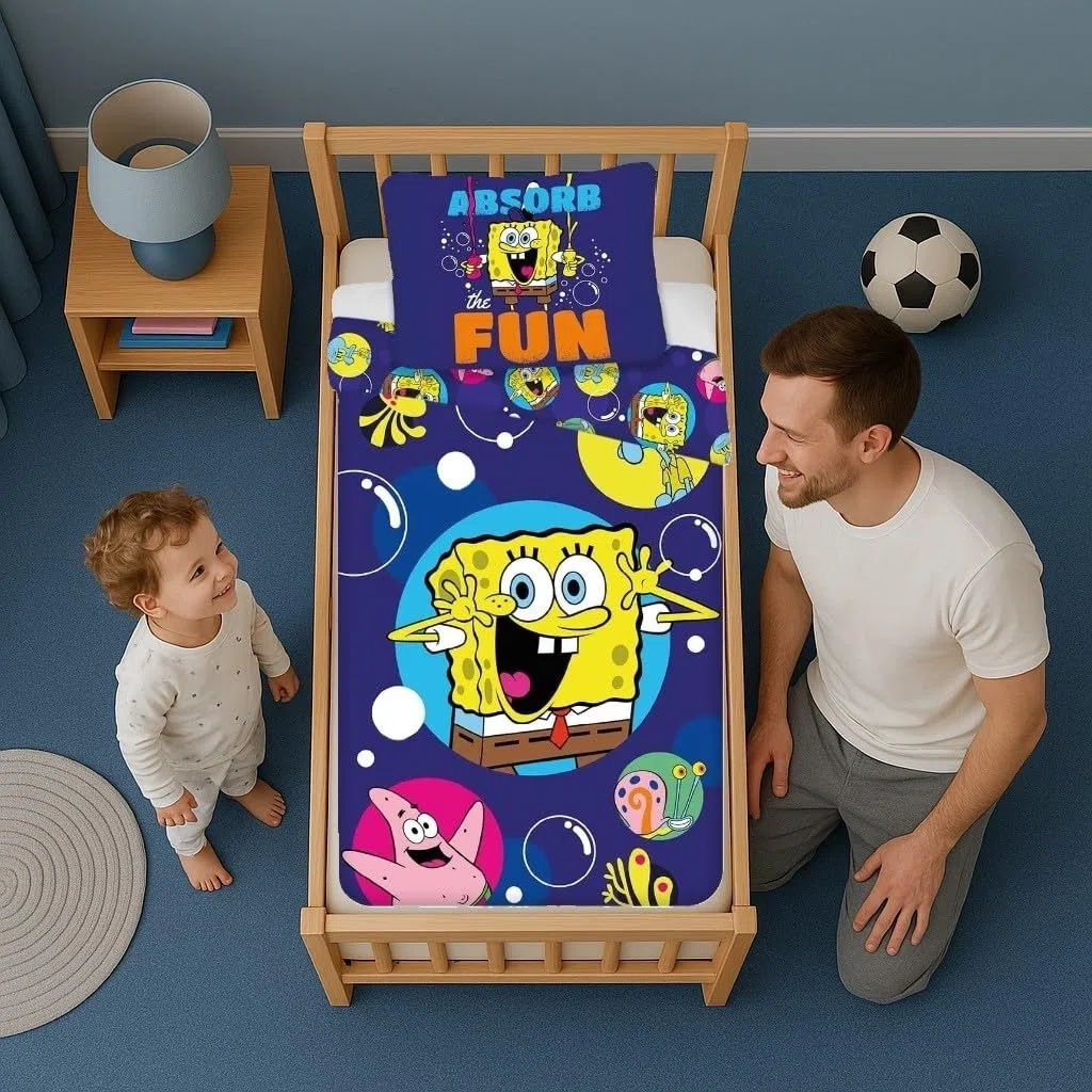 Set di biancheria da letto Bob in spugna per bambini, 100% cotone, motivo SpongeBob, reversibile, 100 x 135 cm + federa 40 x 60 cm, BrandMac
