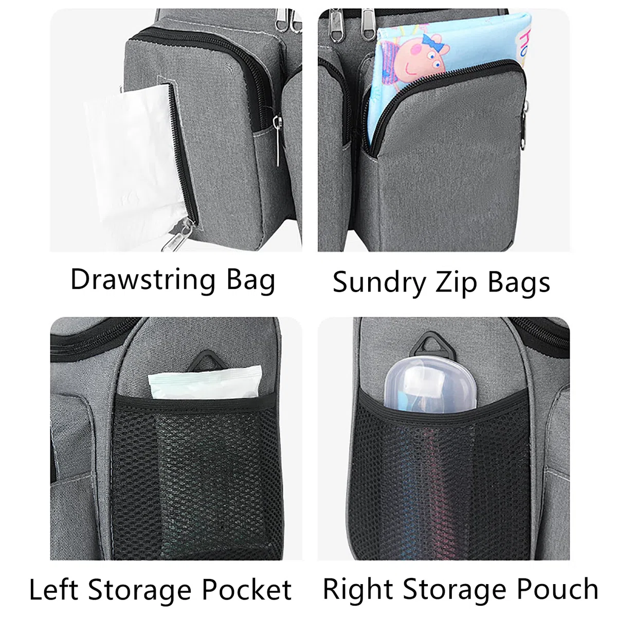 Organizer per Passeggino,Borsa Multifunzione per Passeggino,Utilizzabile Come Borsa a Tracolla Con Tracolla Regolabile,Grande Capacità per Gli Oggetti Essenziali del Bambino(2411-Nero)
