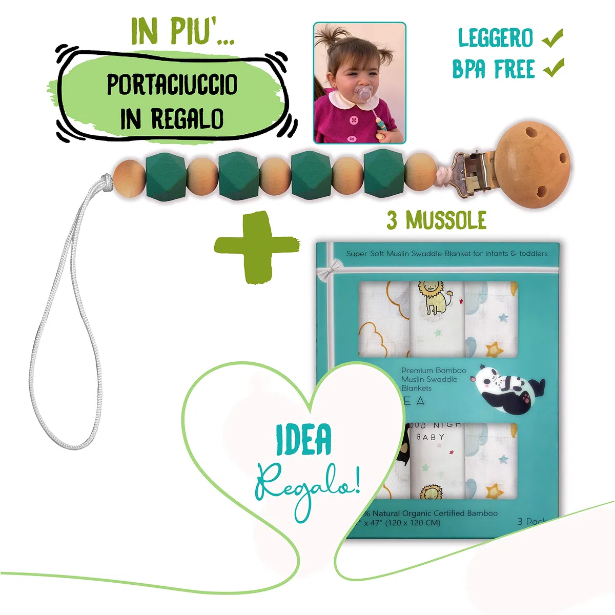Mussole Neonato Bamboo 100% Biologico, 3 Copertine In Mussola, 120x120, Copertina Neonati Per Culla, Passeggino, Ovetto, Morbide, Sicure, Per Tutte Le Stagioni Più Portaciuccio Omaggio Leolea