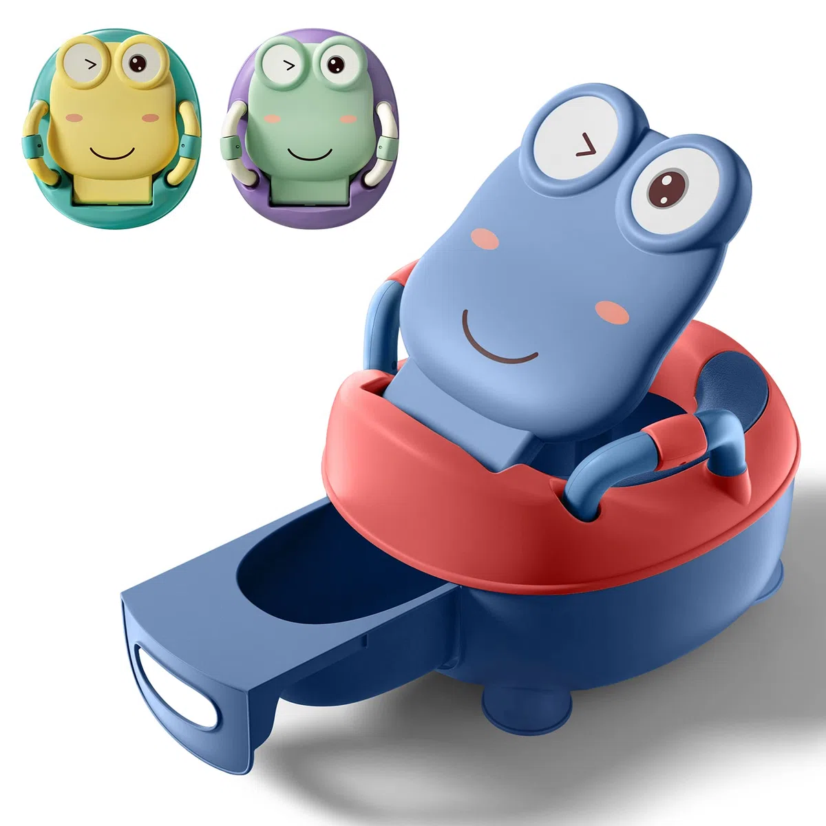 Froadp Vasini per Bambini da 0 a 6 Anni Baby Toilette WC con PU Sedile e Vasino Estensibile Gabinetto Trainer Portatile con Coperchio Rimovibile a Forma di Rana per Neonato (48.5cm, Blu)