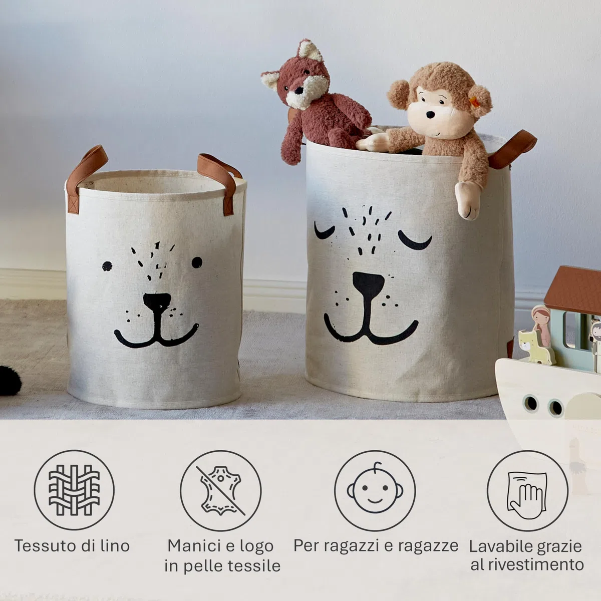 LOVE IT STORE IT Set di 2 Cestini Portaoggetti in Lino Pieghevoli, per Cameretta e Casa, Beige con Motivi e Maniglie Resistenti
