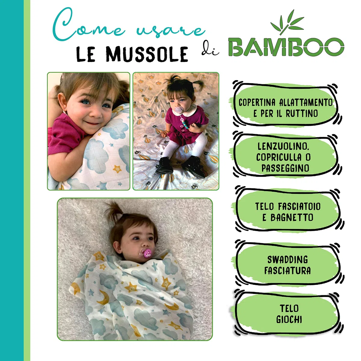 Mussole Neonato Bamboo 100% Biologico, 3 Copertine In Mussola, 120x120, Copertina Neonati Per Culla, Passeggino, Ovetto, Morbide, Sicure, Per Tutte Le Stagioni Più Portaciuccio Omaggio Leolea