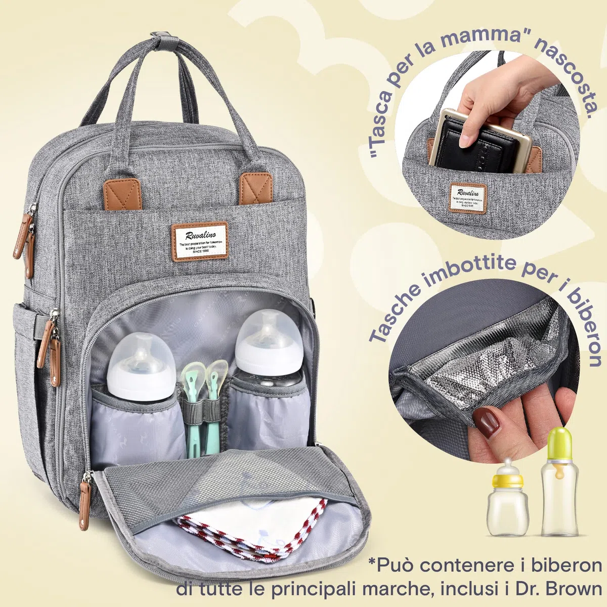 RUVALINO Zaino Fasciatoio per Mamma e Neonato Borsa Fasciatoio per Pannolini, Grande Borsa Maternità con 16 Scomparti, Include Fasciatoio Portatile, Tasca Termica per Biberon