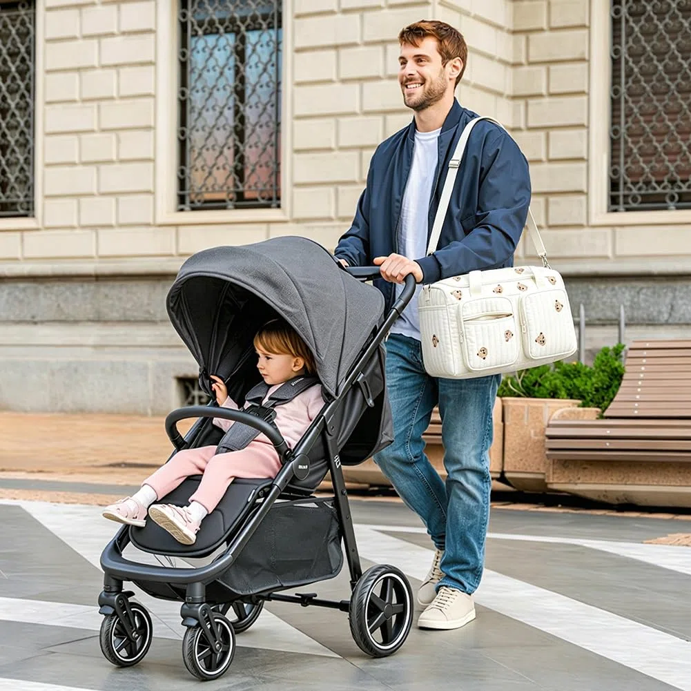 Borsa fasciatoio versatile per mamme, bambino e maternità, borsa fasciatoio, passeggino per mamme, cerniera con ricamo, orso, stampato, per nascita in ospedale, viaggi, passeggino