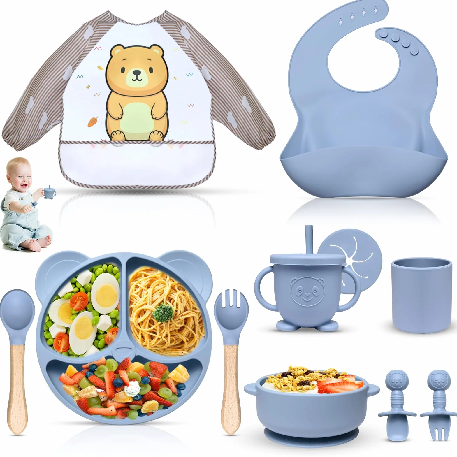 Set Pappa Svezzamento, 11 Pezzi Svezzamento Set Silicone Piatto per Bambini con Ventosa Ciotola Cucchiaio Tazza Bavaglino,Training Esercitarsi A Mangiare Da Soli, Set di Posate,Senza BPA(Blu)