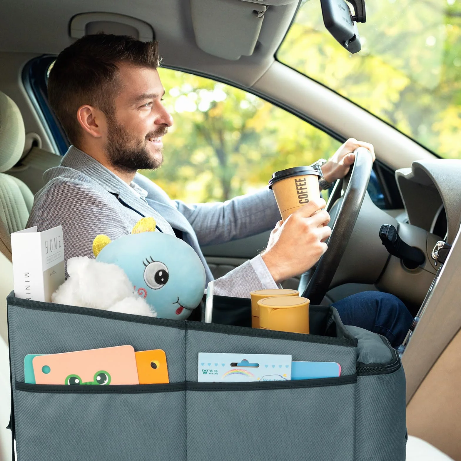 Cozary Organizer Auto, Pieghevole Organizzatore Sedili Auto con Cinture di Sicurezza & Portabicchieri, Organizer Macchina Per Giocattoli, Libri, Snack, Grigio scuro