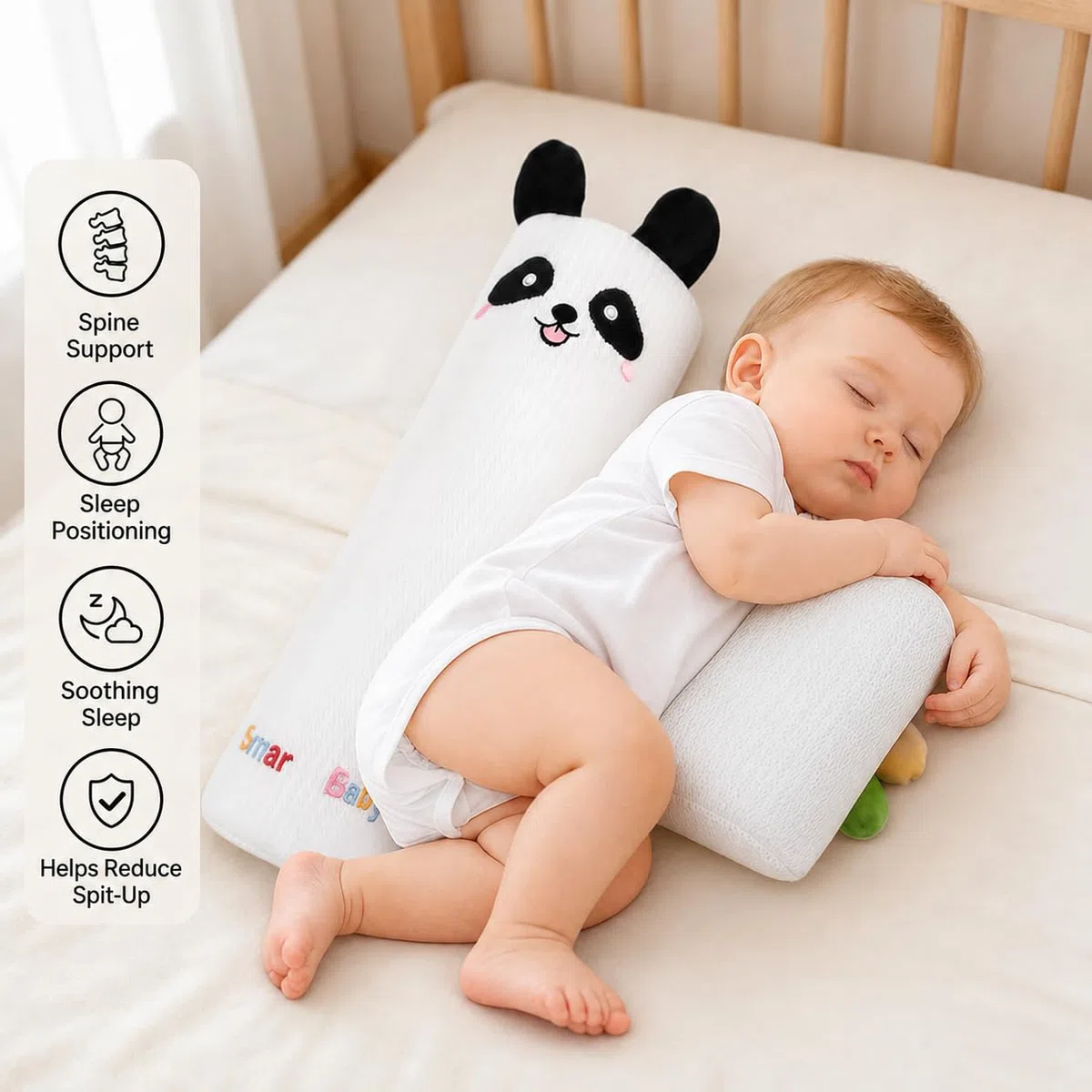 Cuscino Neonato Morbido e Regolabile, Cuscino Lettino Bambino con Supporto Ergonomico per il Riposo, Cuscino Laterale per Neonati, Fantasia Panda o Tigre (Panda)