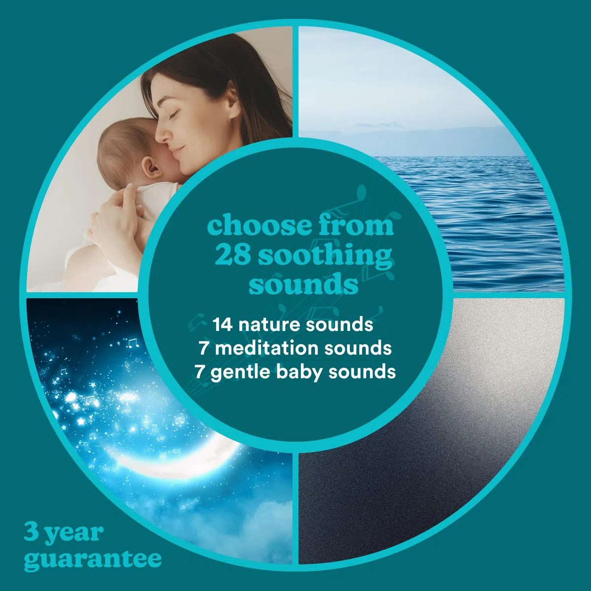 MyBaby Soundsleep Aura - Macchina del Rumore Bianco, Aiuto per il Sonno di Neonati e Bambini, 14 Suoni Naturali e 7 Suoni di Meditazione Rilassanti - Luce Notturna Bianca con 7 Colore, Ricaricabile