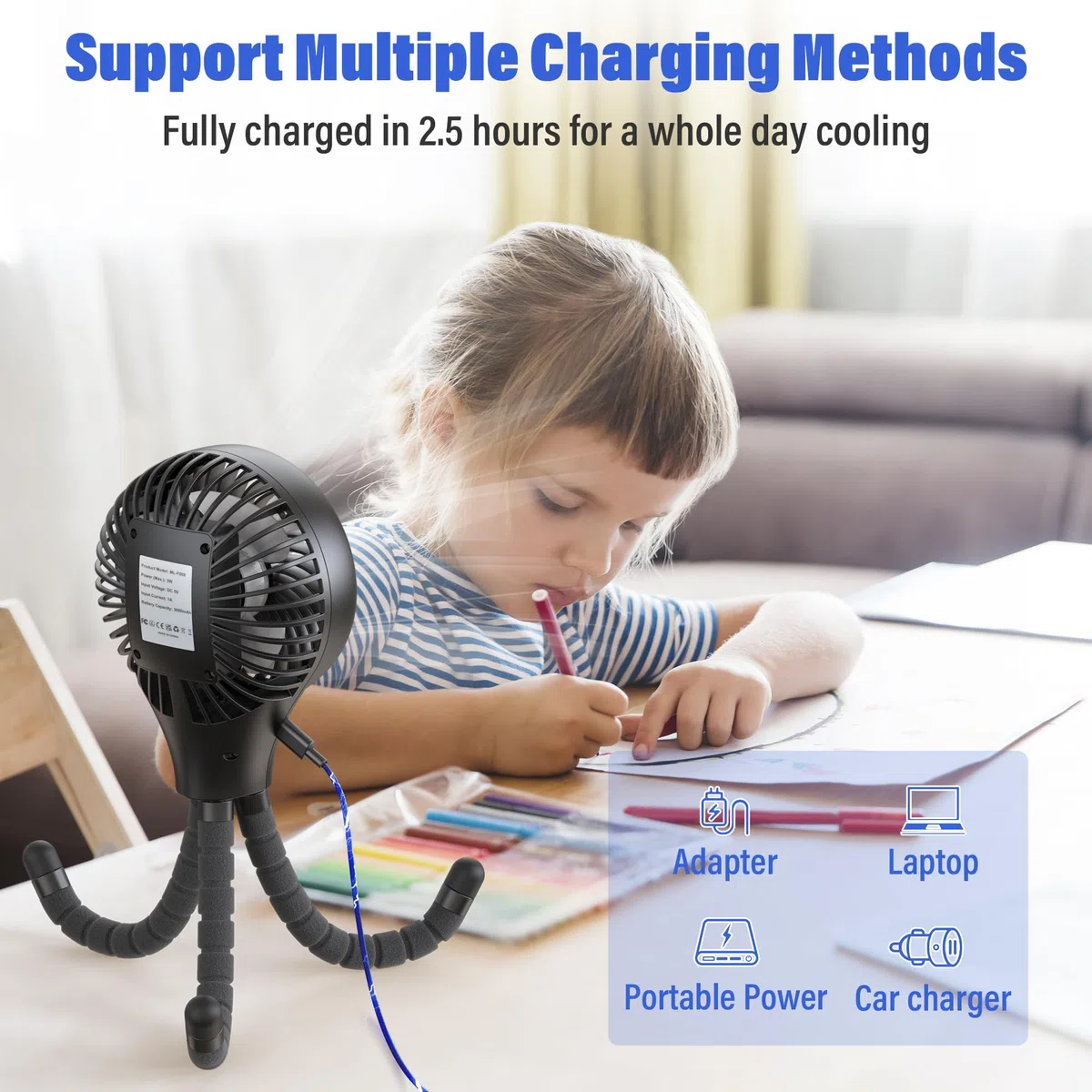 AMACOOL Ventilatore a batteria, oscillante portatile a clip con treppiede flessibile a 3 velocità, per seggiolino auto, culla e tapis roulant da viaggio