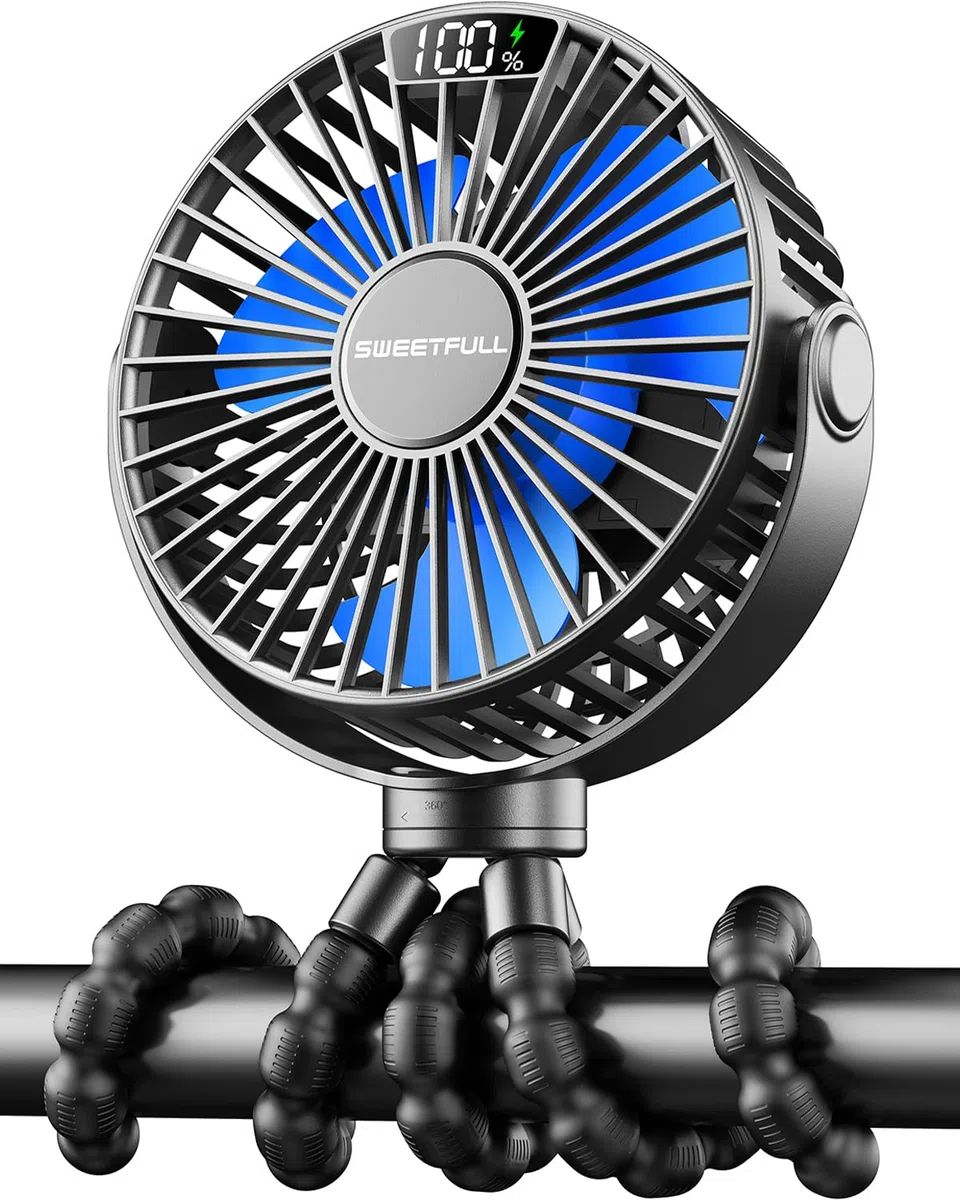 SWEETFULL Ventilatore per carrozzina, ventilatore per passeggino, 6000 mAh, portatile, per auto, mini ventilatore USB da scrivania, con treppiede flessibile, per culla, tapis roulant, bici da viaggio