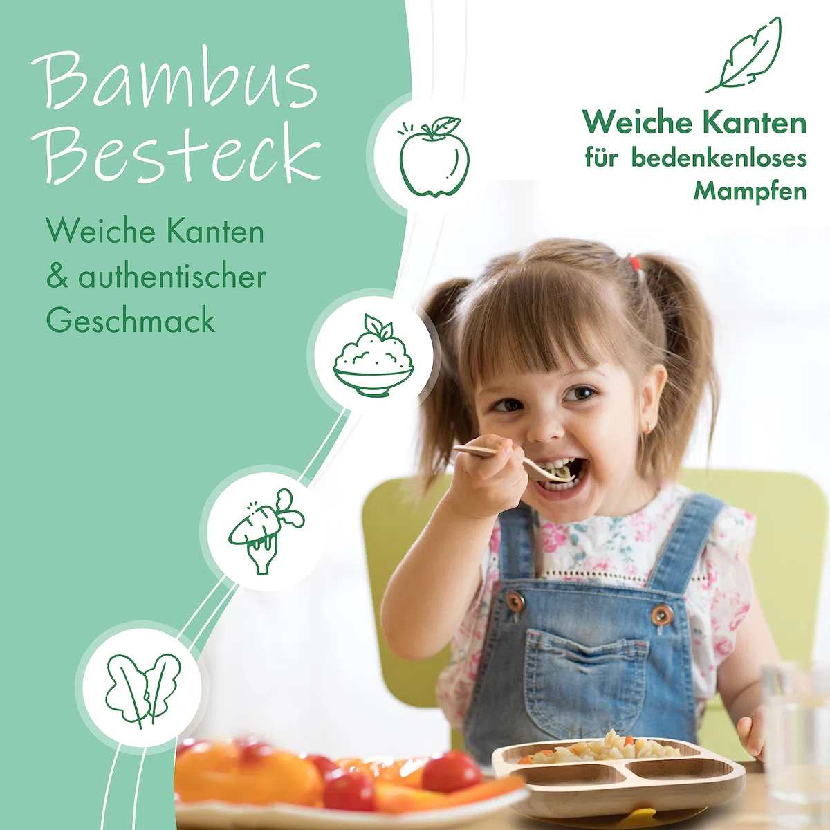 Piatto per bambini in bambù, testato TÜV, con ventosa e posate per imparare a mangiare, accessorio per alimenti BLW, cucchiaio per bambini in melamina e senza BPA, piatto per bambini con