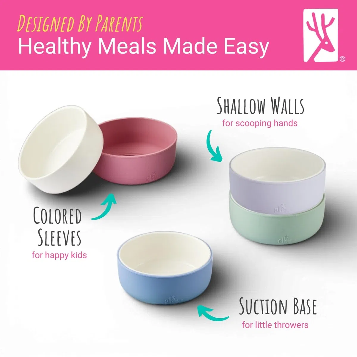 Elk and Friends Ciotole In Porcellana Per Bambini Con Manicotto Di Aspirazione In Silicone Per Bambini Piccoli, Per L'Alimentazione Dei Neonati, Adatte Al Microonde E Alla Lavastoviglie, Antiscivolo,