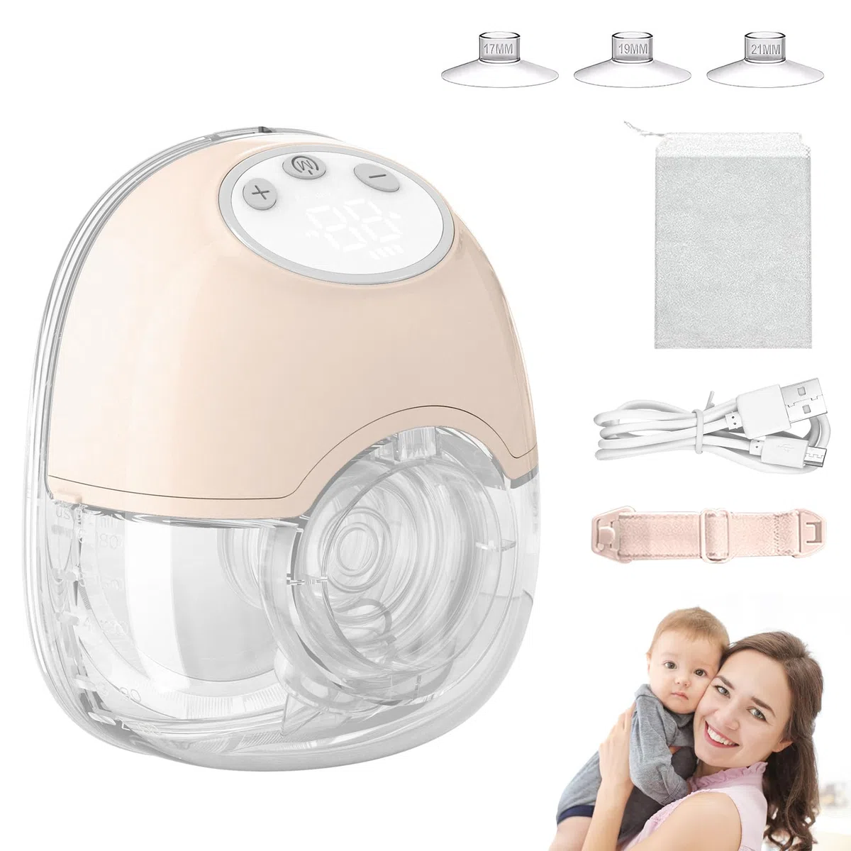 Tiralatte Elettrico, Tiralatte Portatile Ricaricabile 4 Modalità 12 Livelli Tiralatte a Basso Rumore Senza Mani con Adattatore per Pipette da 17/19/21mm