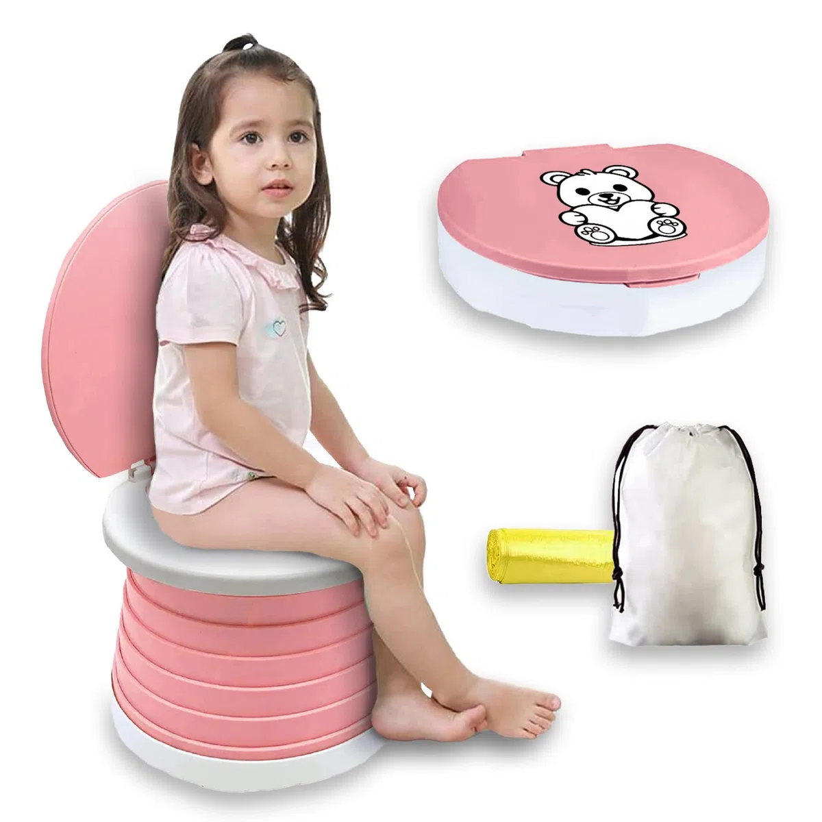POTTY, Originale, Vasino Portatile per Bambini da Viaggio, Pieghevole con Sacchetti Usa e Getta, Vasino Bambini, ROSA