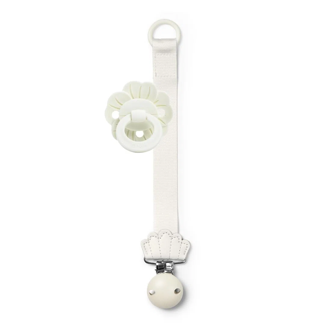 Elodie Details Catena portaciuccio e clip in legno Duo, anello universale in silicone, adatto a tutti i ciucci, design scandinavo - Vanilla White Binky Bloom/Vanlilla White Wood Clip