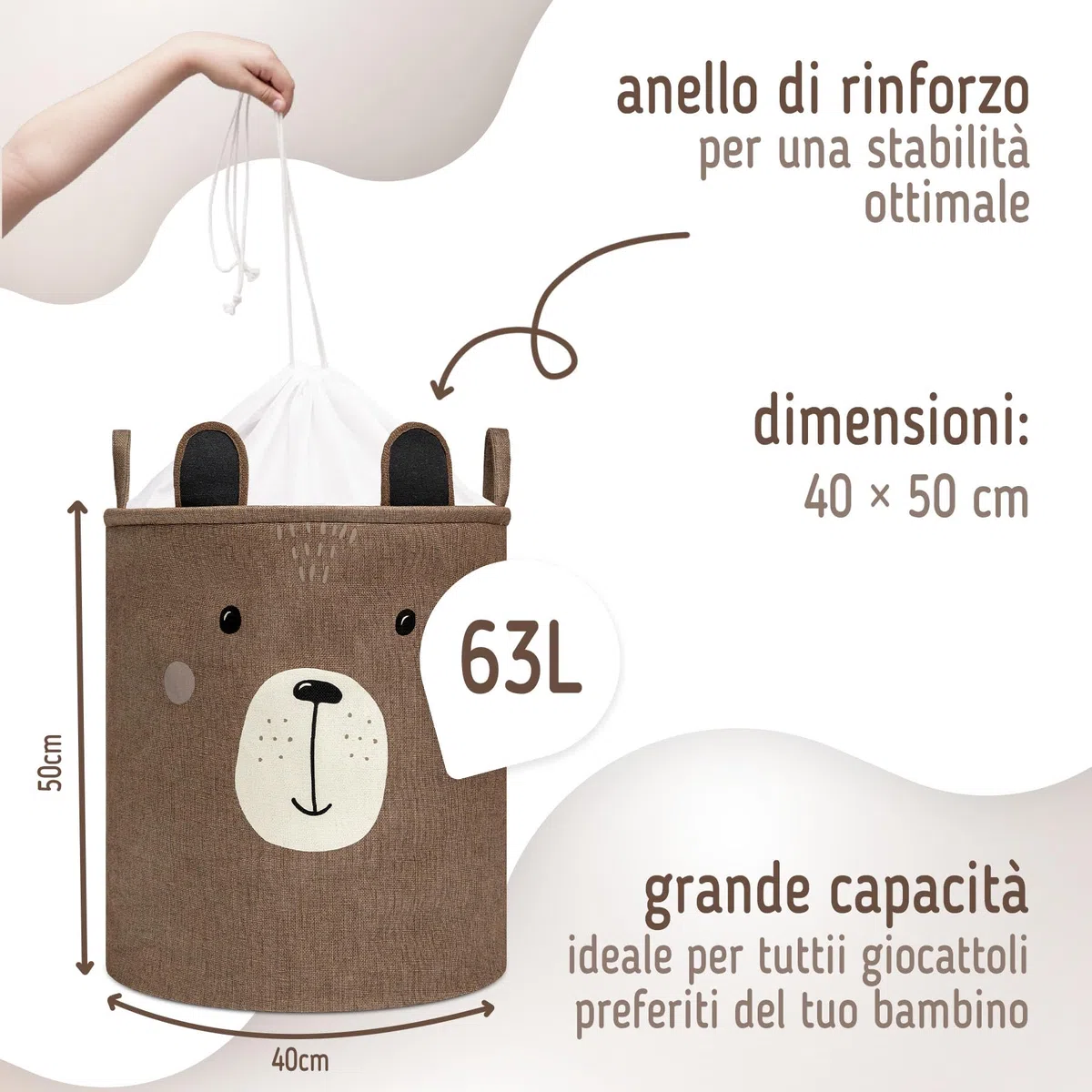 SIPO Cestino giocattolo Premium, XXL 63 l, marrone Bear, organizer pieghevole con coulisse, impermeabile, maniglie, design scandinavo