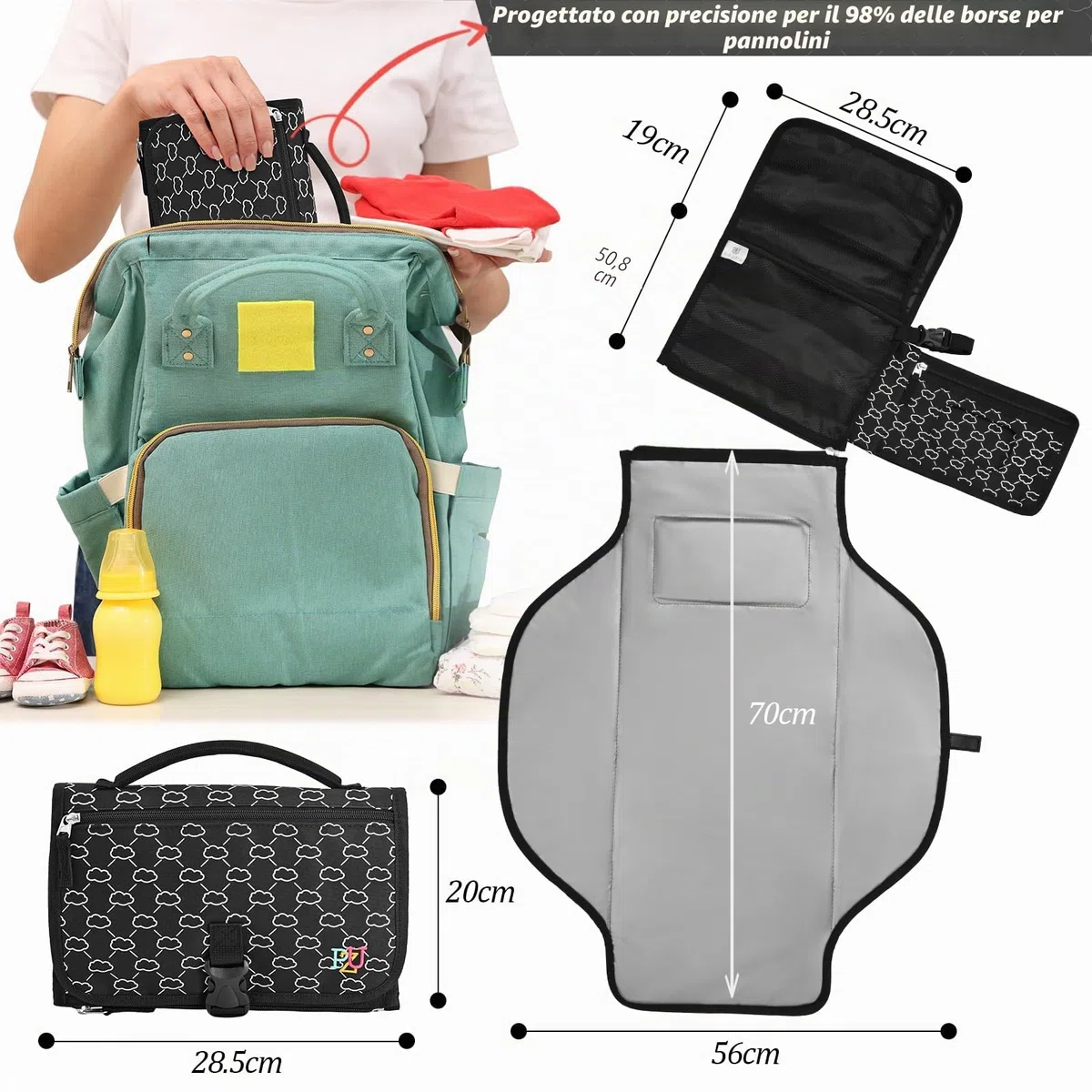 Fasciatoio Portatile Neonato - Fasciatoio Neonato Portatile Staccabile con Borsa per Salviette e Morbido Poggiatesta, Impermeabile Tappetino Viaggio（Nero)