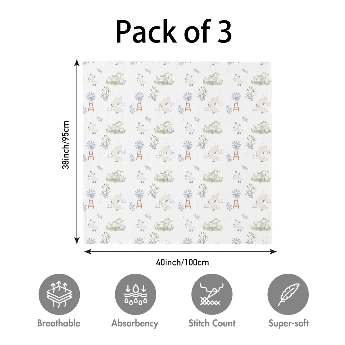 Soarwg Kids Coperta Swaddle per Neonati in Mussola Panni in Mussola per Neonati, Confezione da 3 Coperte in Mussola, Grande 95 x 100cm per Baby Shower Anatra