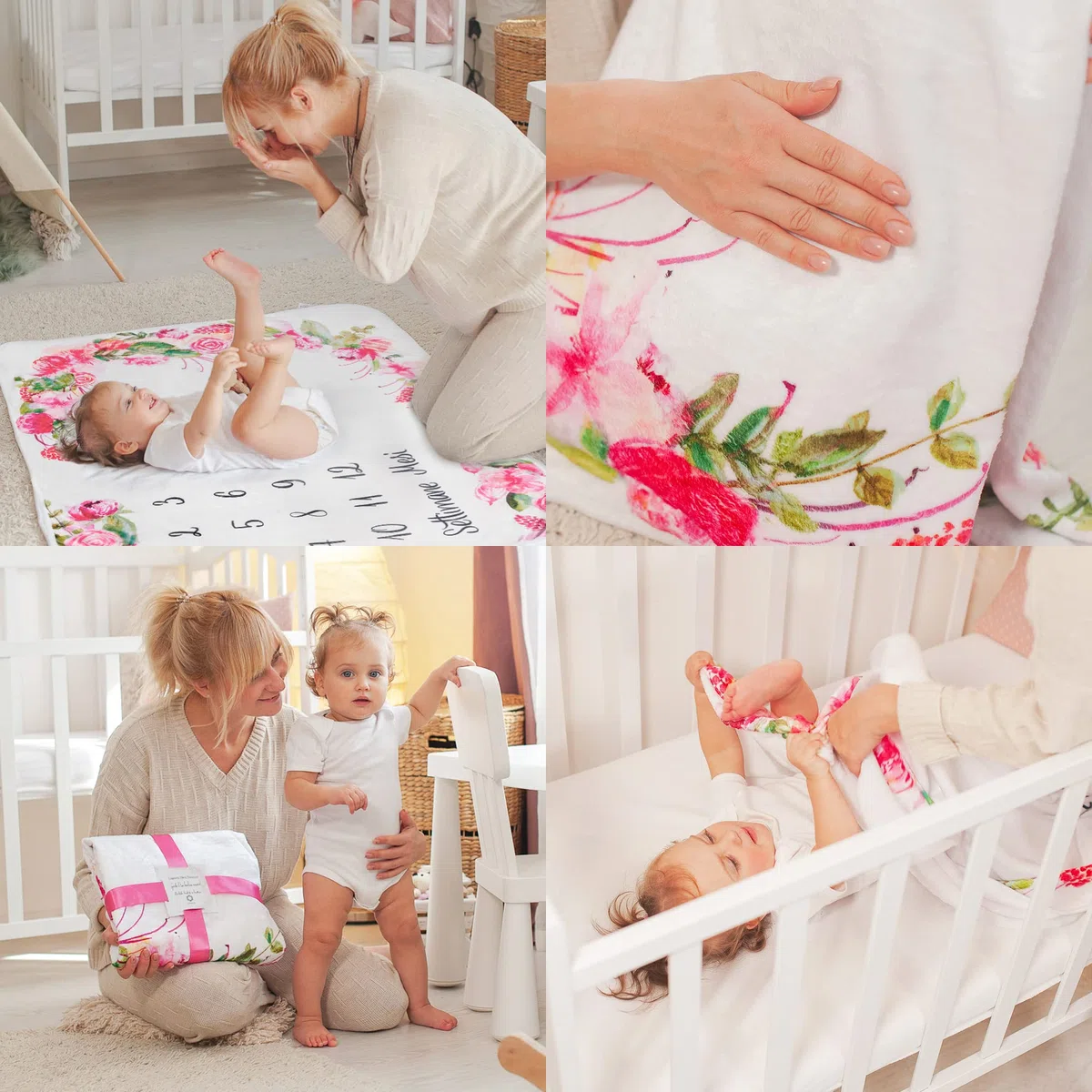 Coperta Mesi Neonato In Italiano | Tappeto Per Maschio O Femmina, Unisex | Tema Fiori E Foglie | Regalo Baby Shower Personalizzato Per Neomamme | Incluse Cornici