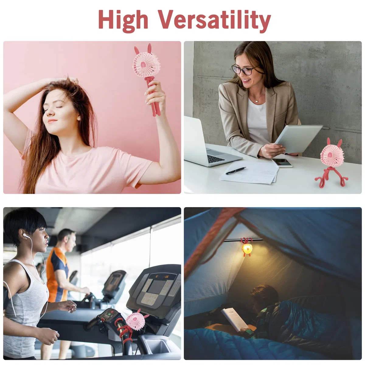 Ventilatore per Passeggino con Orecchie da Coniglio, Ventilatore da Scrivania Personale Ricaricabile con Luce LED,Ventilatore USB con Treppiede Flessibile per Tapis Roulant Passeggino Seggiolino Auto