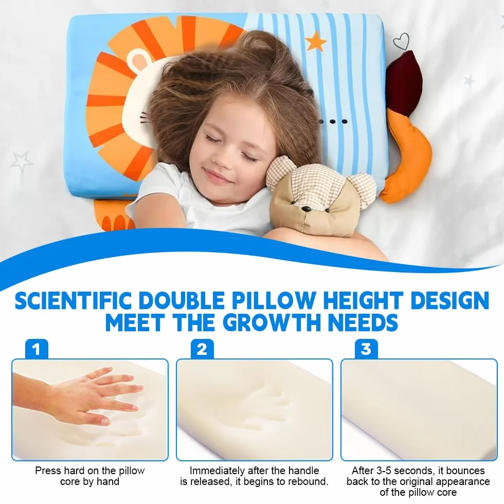 Cuscino Memory Foam Bambini, Cuscino Schlummerkids, Cuscino per Bambini con Federa, Ergonomico, Lavabile a Partire, Con Animali Kawaii, per Bambino a Partire dai 3 Anni in su (Leone)