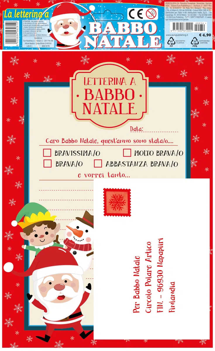 EURO PUBLISHING Letterina a Babbo Natale - cm 29,5x21 (include 2 letterine+1 busta lettera +12 stickers +1 matita+1 gomma)